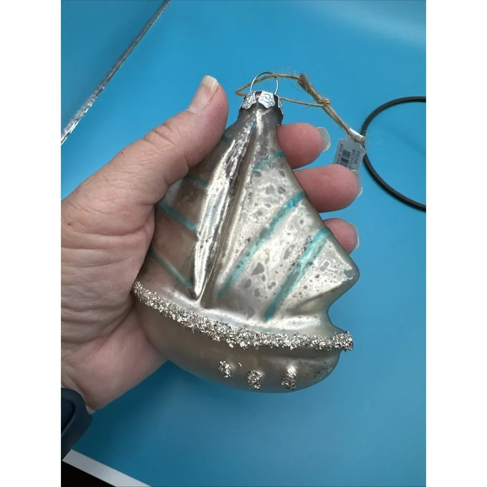 Pottery Barn Sailboat Christmas Tree Ornament‎ Nautcial Coastal Glass Decor Kids